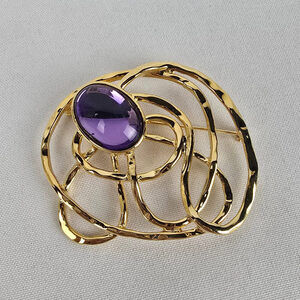 Vintage Gold Tone Purple Glass Oversize Brooch